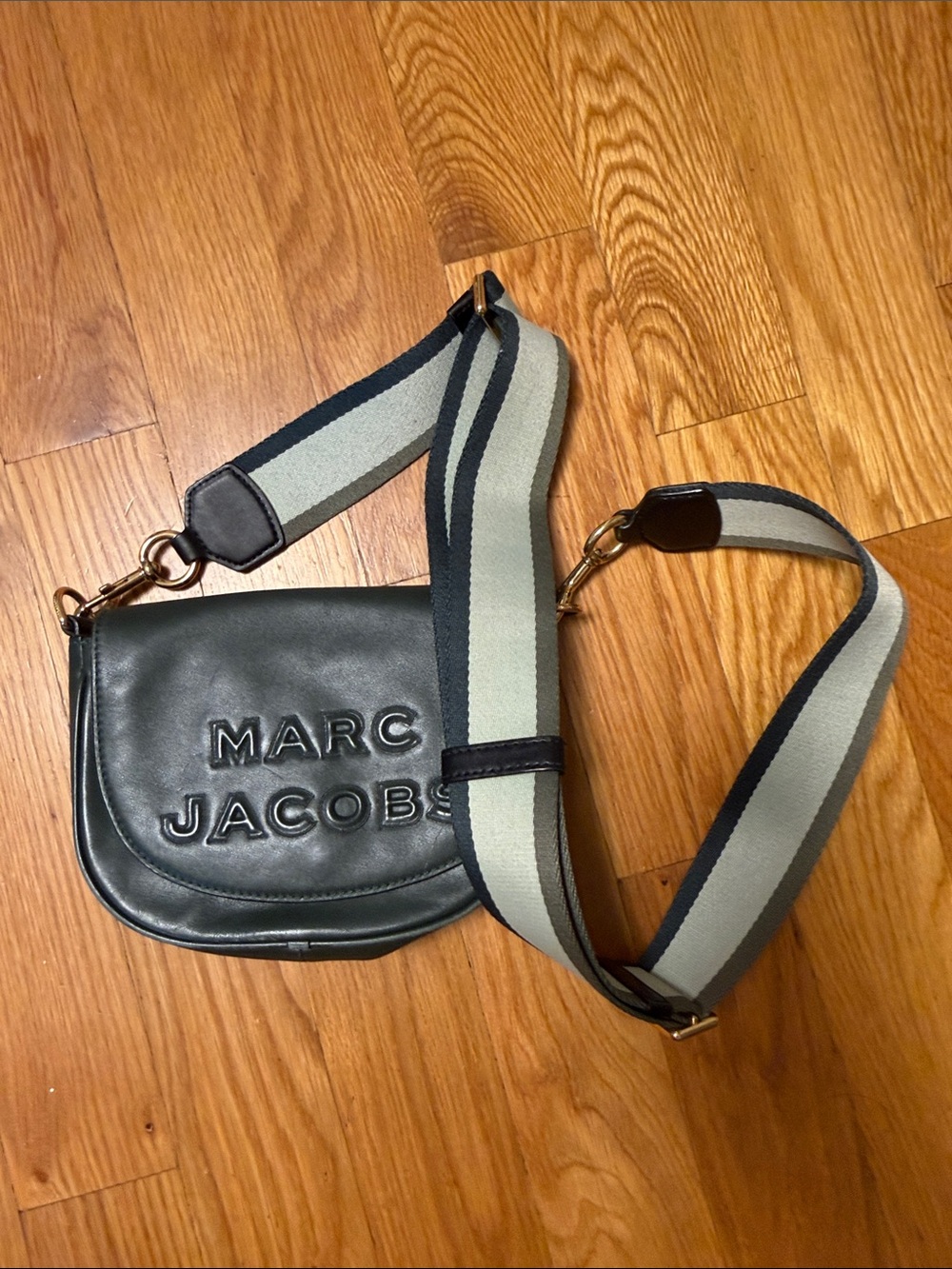 Marc Jacobs Dark Green Leather Messenger with Striped Webbing Strap